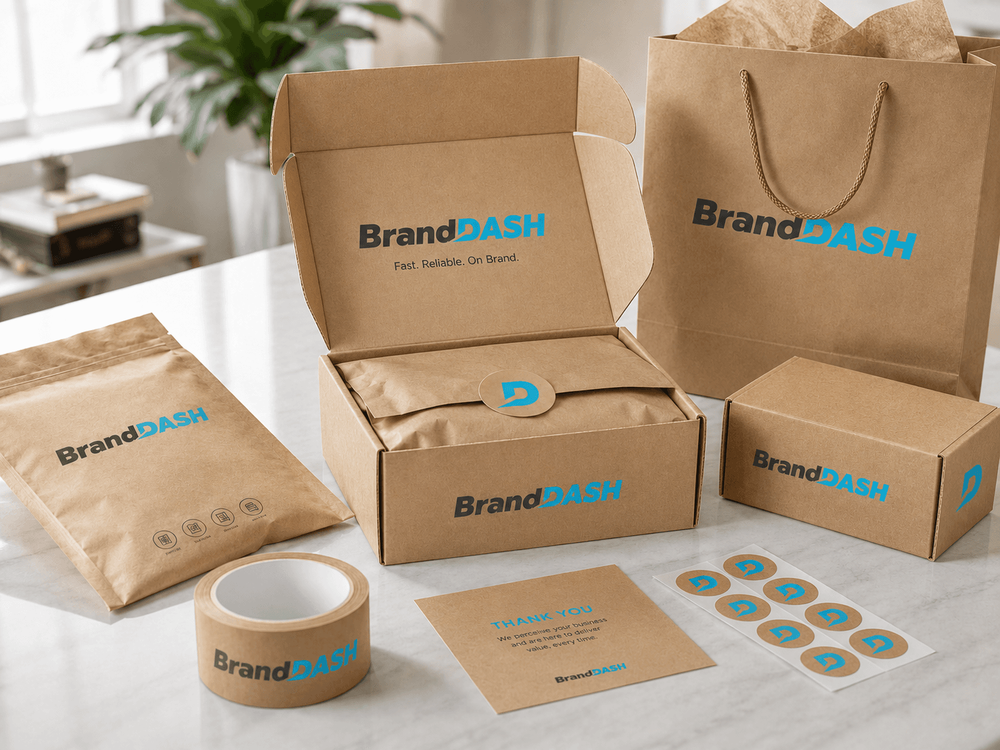 Branded delivery packaging in a kitchen setting