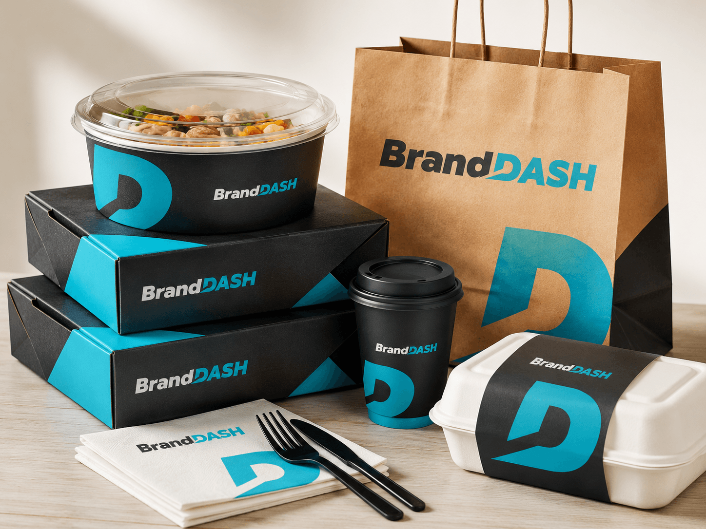 BrandDash branded takeaway boxes, food bowl, paper bag, cup, cutlery, and serviettes