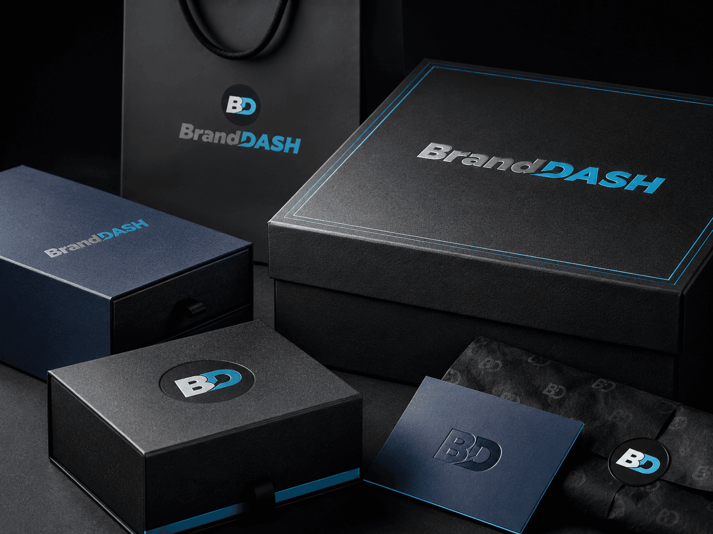Premium black BrandDash gift boxes, bag, tissue paper, and stationery