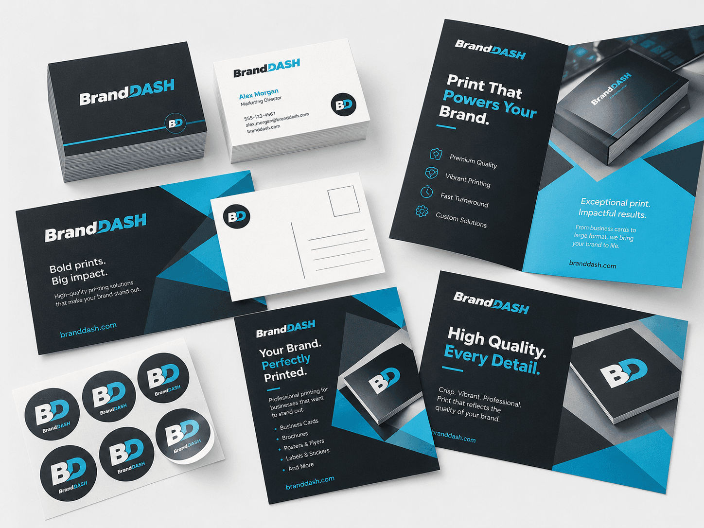 BrandDash printed business cards, flyers, postcards, stickers, and brochures
