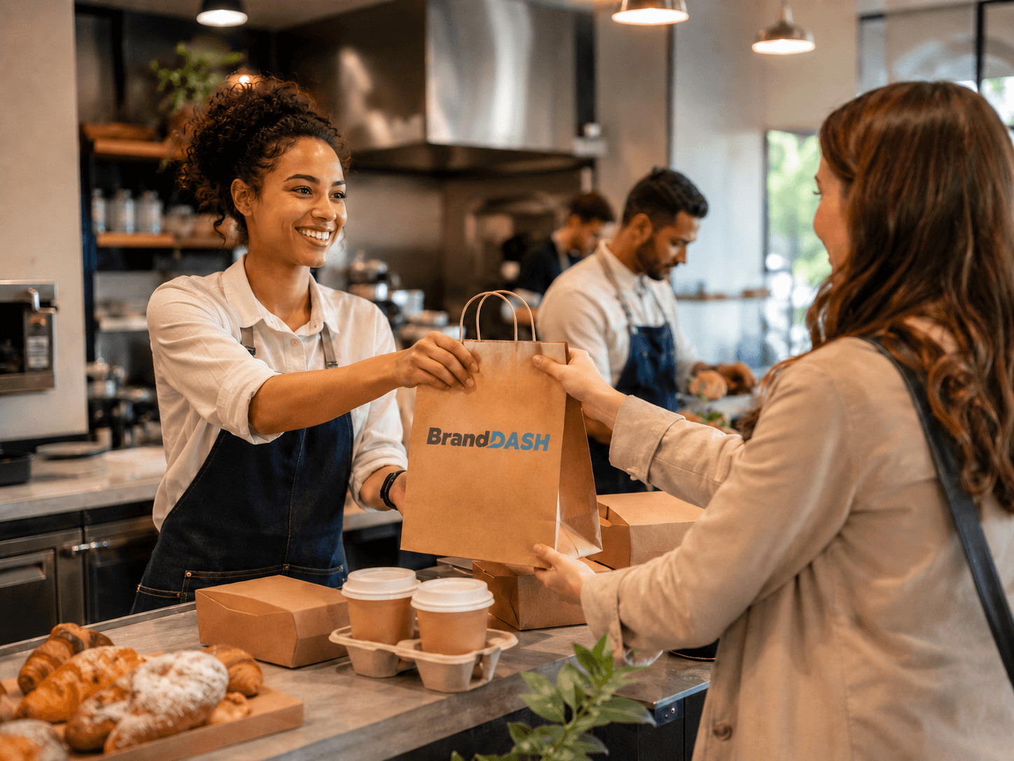 Food and takeaway packaging including cups, boxes, and bags