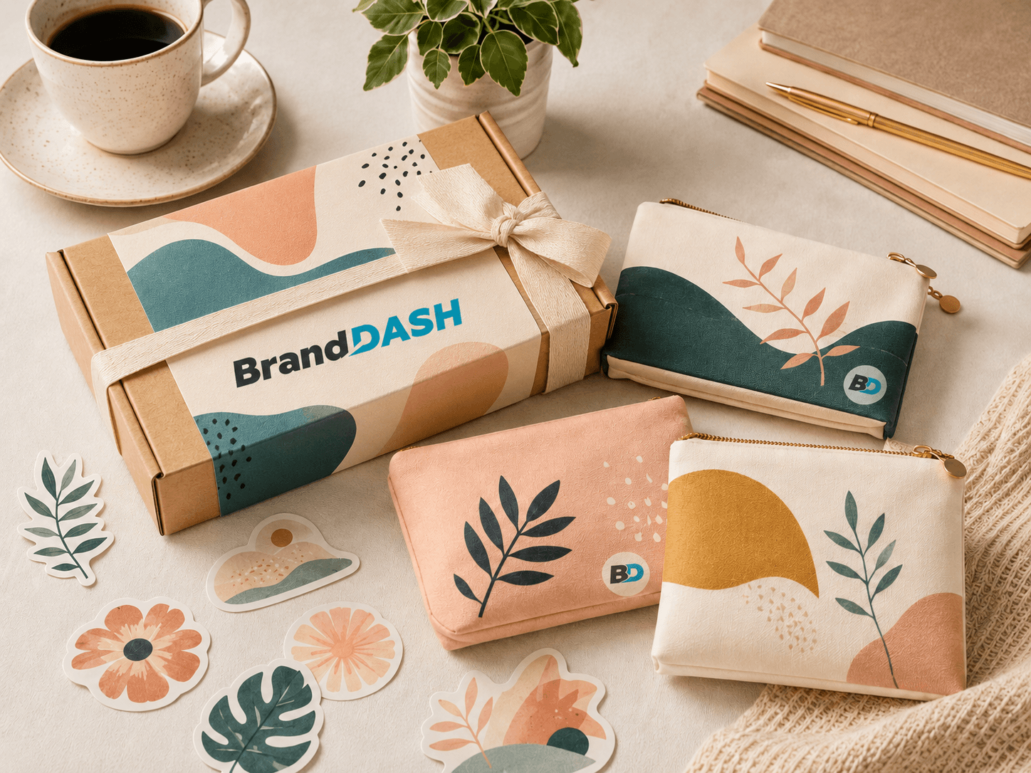 Promotional packaging including gift sets, pouches, and branded accessories
