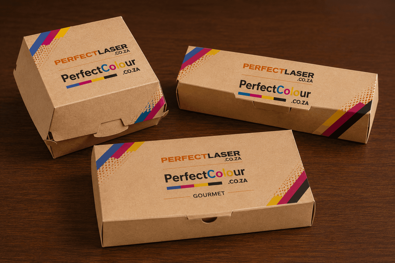 Branded brown takeaway boxes with printed artwork