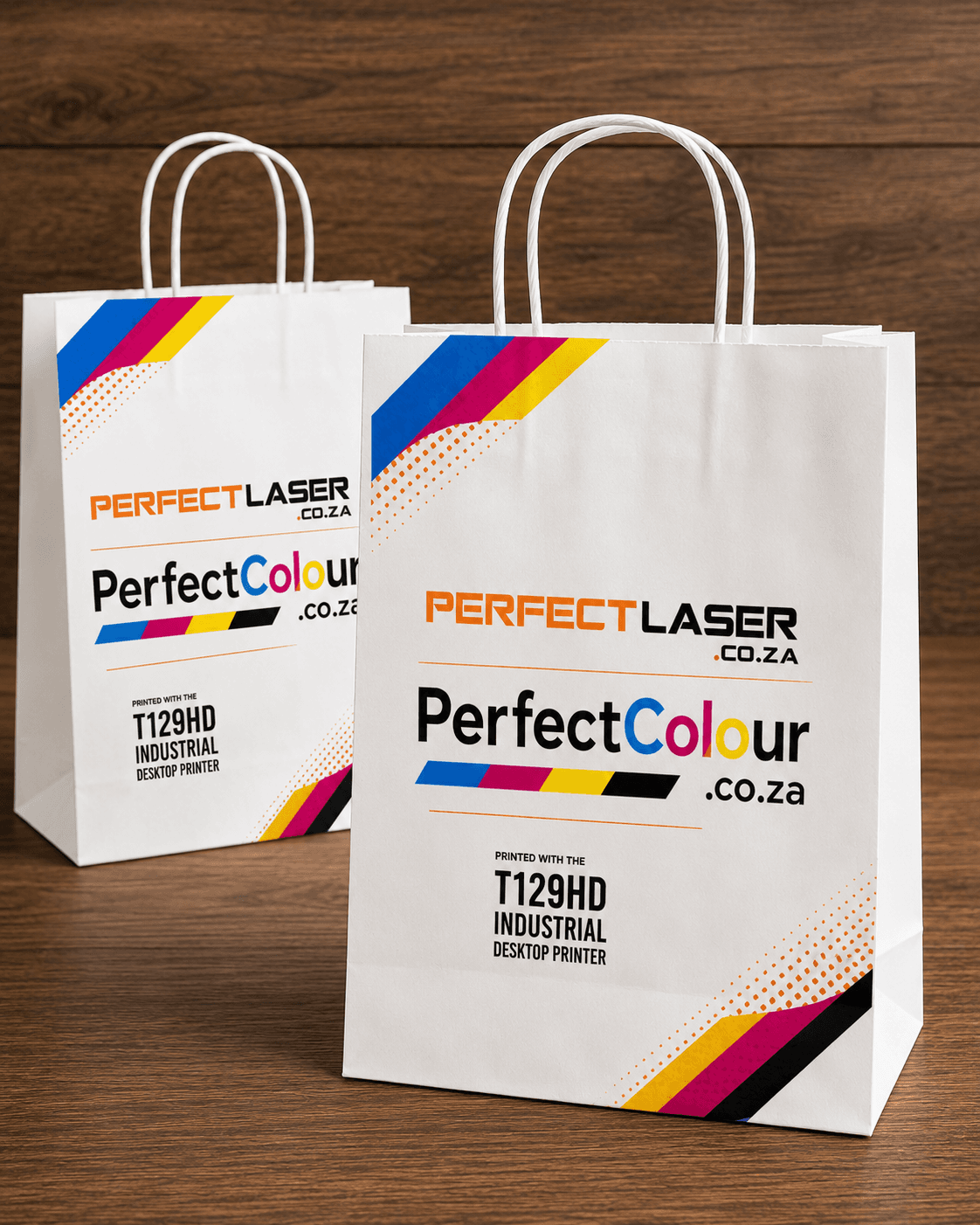 Branded white paper bags with printed logos