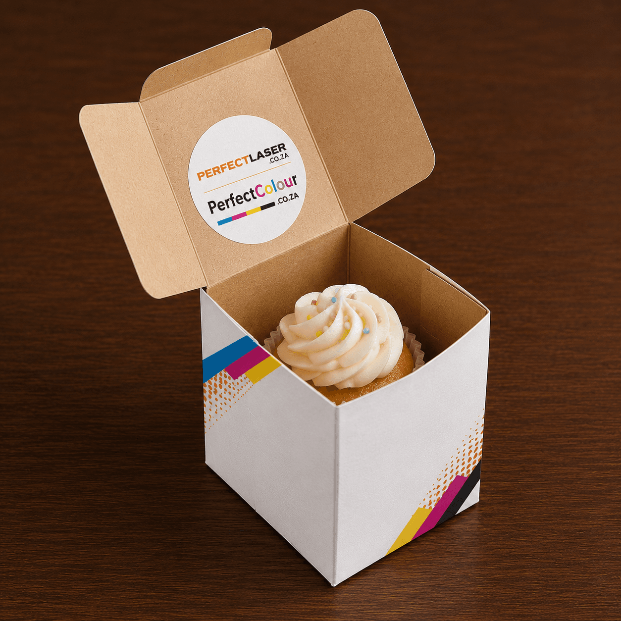 Round white branded sticker on packaging